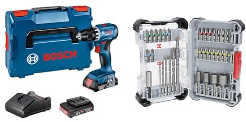 Bosch Professional 18V System Akku Bohrschrauber GSR 18V-45 (inkl. 2x 2.0Ah Akku, Ladegerät) + 35x Extra Hard Schrauberbit‑ und CYL-3 Bohrer-Set (197 x 110,5 mm)