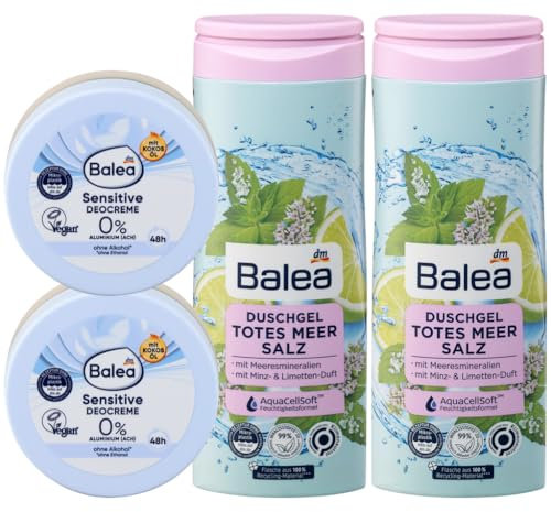 Balea 4er-Set Körperpflege: SENSITIVE DEOCREME zuverlässiger Deoschutz, besonders hautfreundlich, ideal für empfindliche Haut (2 x 50 ml) + Duschgel TOTES MEER SALZ Minze Limette (2 x 300 ml), 675 ml