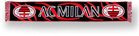 AC Milan Sciarpa Ufficiale Jacquard Rosso/Nero 100% Acrilico con fiamme, scritta, stemmi e frange