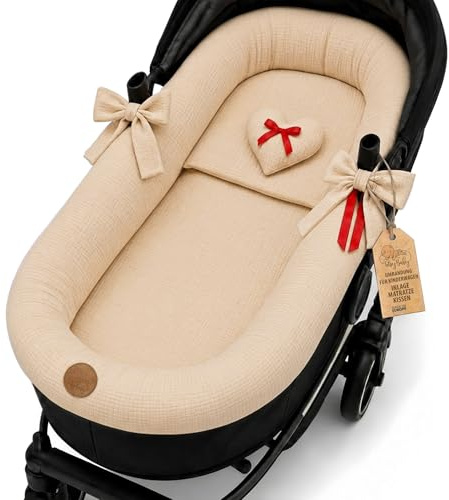 Stubenwagen Umrandung aus Musselin Baumwolle – Nestchen für Babywanne Kinderwagen und Buggy Atmungsaktiv – Schonbezug Set 3-teilig mit Kissen und Einlage für Neugeborene Beige B