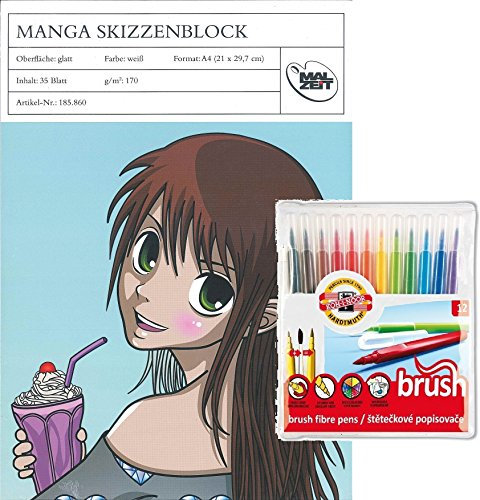 CSB-Center Manga Anime zeichnen - Skizzenblock A4 + 12 Brush Marker Fasermaler mit Pinselspitze