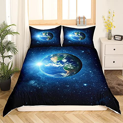 Loussiesd Erde Bettwäscheset 135x200cm Kinder Jungen Mädchen Bettwäsche Set Blaue Galaxie Universum Planet Motif Bettbezug Set mit 1 Kissenbezug 80x80cm Reißverschluss Sanft Mikrofaser-Polyester