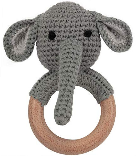 OLGS Beißring gehäkelte Tiere Löwe mit intigrierter Babyrassel, Greifling Spielzeug Beißring | Geschenk zur Geburt für Baby & Kinder Junge/Mädchen (Elefant)