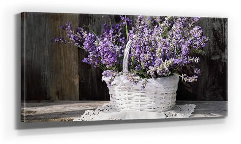 Traumhaftes Lavendel Leinwand-Bild, Deko im Korb in 110x50cm. Oder 9 weitere, schöne Lavendel Bilder als Wandbild zur Deko für Küche, Flur, Wohnzimmer & Schlafzimmer. Aufgespannt auf Holzrahmen