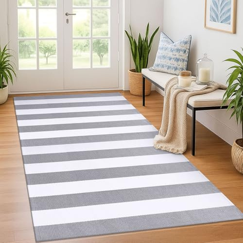 Grau und Weiß gestreifter Teppich, 120 x 150 cm, Grau und Weiß, Baumwolle, gewebt, waschbar, Retro-Gitter-Streifen, Outdoor-Teppich, für Bauernhaus, Wohnzimmer, Esszimmer, Schlafzimmer