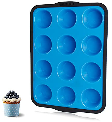 Aichoof 12 Cup Silicone Muffin Tray, Non-Stick Muffin Tins Baking Mould, 12 Holes Muffin Mould,Muffin Pan(Black-Blue)