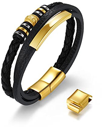 JewelryWe Schmuck Herren Armband mit Gravur Personalisierte Geflochten Lederarmband Verstellbar Armreif Manschette Silber Gold Schwarz
