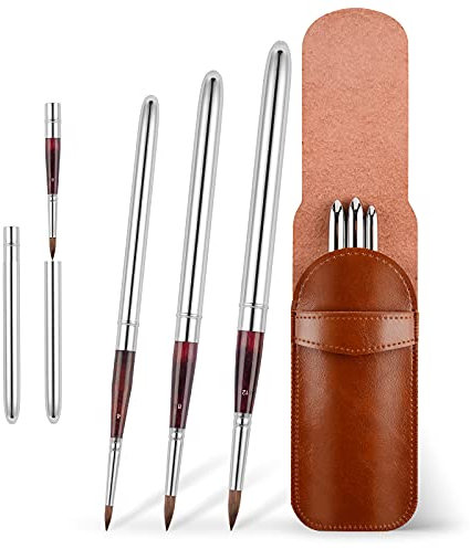 Kolinsky Travel Watercolor Brushes Sable Hair Round Watercolor Paint Brush 3Pcs Brushes Set Portable Compact Artist Brushes with Pocket Protective Case for Art Painting, Gouache, Acrylic Painting