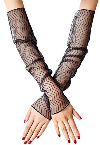 Armmanschette Spitze,MoreChioce 1 Paar Spitze Lang Handschuhe Armstulpen Damen Spitzenhandschuhe Blumenmuster Sommer Handschuhe Elegante Handstulpen für Oper Hochzeit Party Abend Kostüm,Schwarz Welle