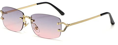 kachawoo Kleine quadratische randlose Sonnenbrille für Damen Metall randlose Retro-Sonnenbrille Luxusmarke Design Brillen schmale Linse (purple pink lens)