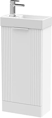 nuie FLT120 Deco Modern Bathroom Floor Standing Part Fluted 1 Door Slimline Vanity Unit with Ceramic Basin, 400mm, Satin White