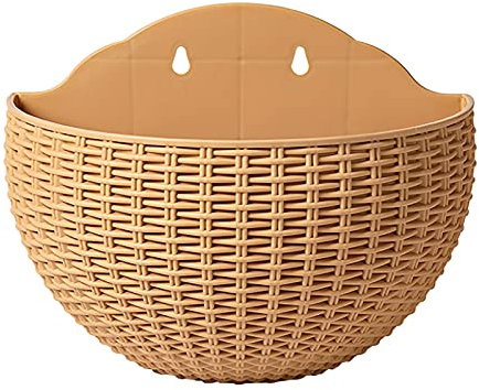 Pot de Fleurs Suspendu Demi-rond Imitation Rotin Style Européen Pot de Fleurs Mural Panier de Fleurs Décoratif Rustique Demi-cercle Paniers de Plantes en Plastique Conteneur Pot de Fleurs(Kaki L)