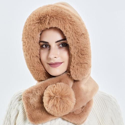 Rayson 2 in 1 Damen Wintermütze Kapuze Kapuzenschal Beanie Ohrschal Winddicht Kälteschutz Mütze Warme Winter Kapuzenschal Neckwarmer Set Schal mit Bommel Ski Ohrenklappe