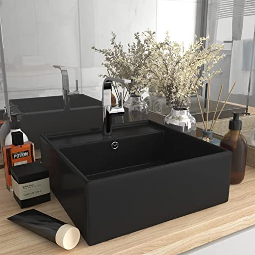 ZEYUAN Lavabo Lujoso Cuadrado rebosadero, Lavabo sobre Encimera, Lavamanos para Baños, Lavabo Baño, Mueble Lavabo, Muebles De Baño, cerámica Negro Mate 41x41 cm