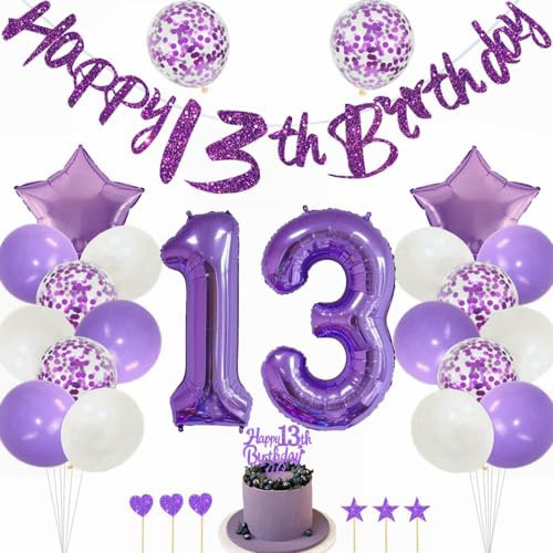Kiwochy Lila 13. Geburtstag Deko Mädchen - Tortendeko, Luftballons, Nummer 13 Folienballon, Party Dekoration für 13 Jahre