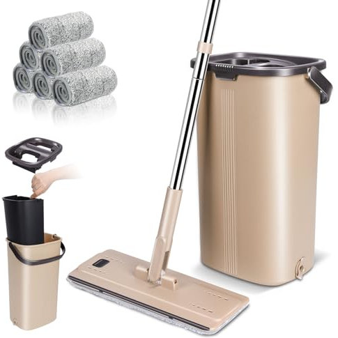 Myiosus Wischmopp Set mit Eimer, Wischmopp, Bodenwischer mit 6 Mikrofaser Pads, 360° Flachmopp mit Edelstahlgriff, Platzsparend, Tragbarer Putzeimer Wischmopp mit Auswringfunktion für Alle Böden