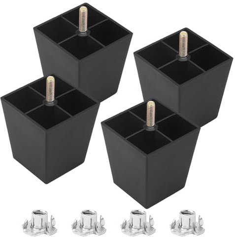 Luomorgo 4 Stück 7,6 cm Kunststoff-Tischbeine, schwarz, konische Möbelbeine, quadratische Sofa-Ersatzbeine, M8-Gewinde mit T-Muttern, robuste Möbelbeine für Couch, Schränke, Kommoden, Stuhl