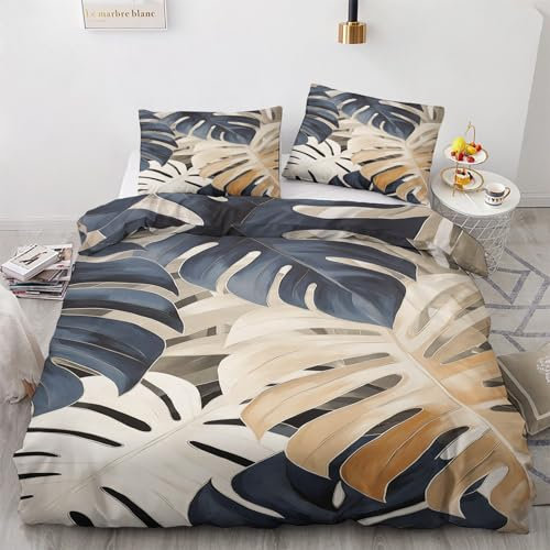 GEDAEUBA Monstera Bettwäsche 155x220 Winter - Tropische Blätter Bettbezug 155x220 3 teilig, Wendebettwäsche und Kissenbezug 80x80, Weiche & Angenehme Mikrofaser Bettwäsche-Sets mit Reißverschluss