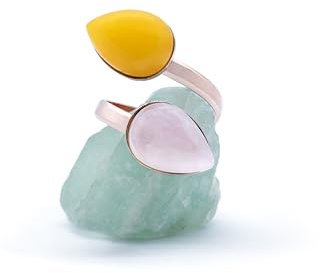 Anello Contrariè Argento e Oro Rosa: Un Abbraccio di Dolcezza e Armonia tra Quarzo Rosa e Giada Gialla - Gioiello Artigianale per Donna