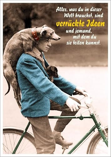 Gutsch Verlag Lustige Postkarte mit Hund und Fahrrad – Humorvolle 'Alles, was du brauchst, sind verrückte Ideen & jemanden zum Teilen' – Ideal für Freunde & Familie