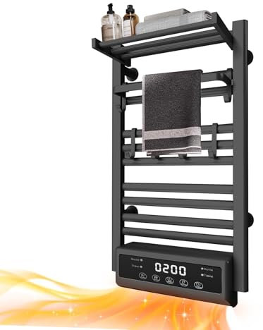 DUDYP Sèche-Serviettes Électrique, Radiateur Mural pour Salle De Bain avec Minuterie, Porte-Serviettes Électrique en Alliage D'aluminium, Chauffe-Serviettes avec Étagère Supérieure Pliable,Noir
