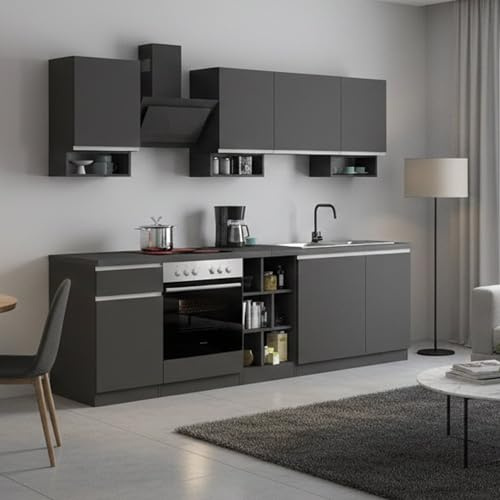 Dmora - Vollständige Küche Rudolf, Set mit Speisekammer, Küchenzeile Schrank, Linearer Blocksatz, 100% Made in Italy, 255 x 60 x 85 cm, Anthrazit und Schiefer