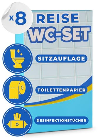 Gread - Toilettenauflage Einweg spülbar 8x als 3-teiliges Reise-Set Gadget für Reise Camping Festival must have Toilettensitzauflage, Toilettenpapier und 2 Reinigungstücher