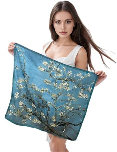 LA FERANI Van Gogh Seidentuch Halstuch türkis blau klassisch Halstuch Seide formelle Anlässe kurz Tuch leicht 54x54cm Bandana Geschenk für Sie Tochter Mutter