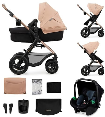 Kinderkraft MOOV2 AIR Kinderwagen 3 in 1 Kinderwagenset bis 26 kg mit Kindersitz I-SIZE 40-75 cm, Buggy Funktion, Liegeposition verstellbar, Große ausziehbare Verdeck, Aufblasbare Räder, Beige