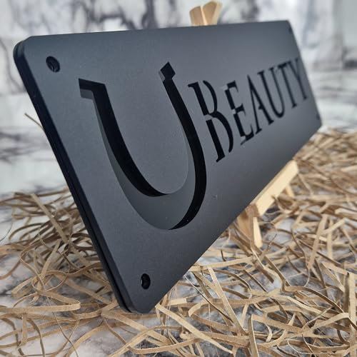 Black Mirror and Matt Black Personalised Horse stable Pony laser cut name door plate sign (L1-Horse Shoe)