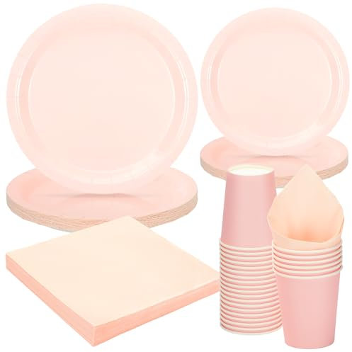 PARTY GO 96pcs Light Pink Tableware Set, Paper Plates Cups and Napkins, Solid Color Disposable Dinnerware Party Supplies for Wedding Birthday Baby Shower Party Table Decorations Serve 24 Guests