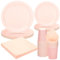 PARTY GO 96pcs Light Pink Tableware Set, Paper Plates Cups and Napkins, Solid Color Disposable Dinnerware Party Supplies for Wedding Birthday Baby Shower Party Table Decorations Serve 24 Guests