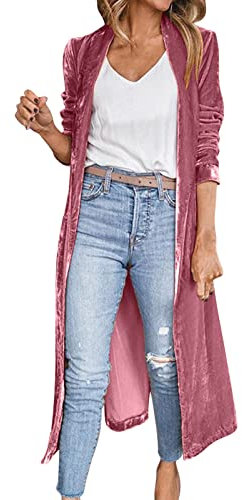 Mymyguoe Cardigan Women's Summer Long Velvet Elastic Coat Women's Spring Coats Velvet Cardigan Jacket Casual Open Front Velour Lapel Cardigan Maxi Blazer Duster Outwear Pullover, hot pink, M