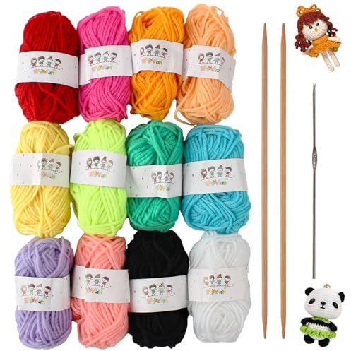 JRJRN 12 Colori Lana per Uncinetto, Filato di Cotone per Uncinetto, Gomitoli di Lana Multicolore in Acrilic con Ago per Maglione In Bambù e Gancio per Uncinetto In Ferro per Il Bricolage Dei Bambini