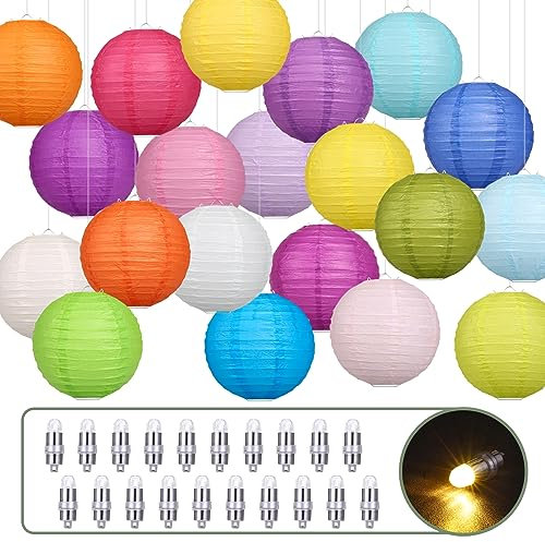 Bunte Papierlaterne 25cm mit 20 Stück Ballonlichter Warmweiß Lampions Papier Laterne Lampenschirm für Feiertagen Hochzeit Halloween Weihnachten Geburtstage