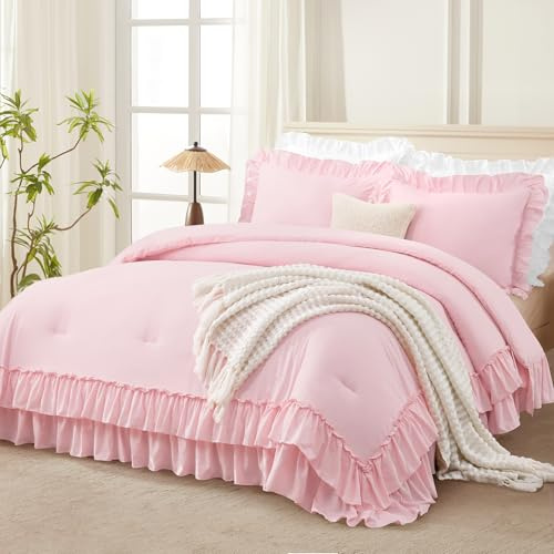 Andency Queensize-Bettwäsche-Set, leicht, flauschig, Bauernhaus-Rüschen-Bettwäsche-Set, weiche Mikrofaser, für alle Jahreszeiten, Shabby-Chic, 3-teilig (1 Rüschendecke, 2 Kissenbezüge), Rosa