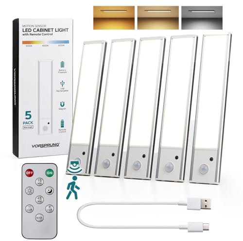 Vorsprung® Under Cabinet LED Lights, 5 Pack of 6000k Dimmable,Wireless, USB Rechargable, Motion Sensor Wardrobe Lights with Remote Control for Kitchen,Stairs,Pantry,Cupboard [Energy Class A]