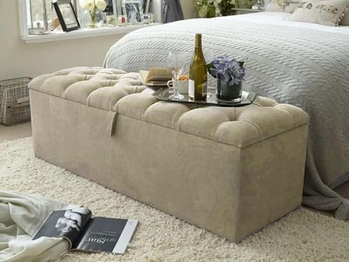 Ottoman Storage Box - Rectangular Storage Pouffe Stool Footstool with Storage - Turin Fabric Upholstered Blanket Box - End of Bed Bench Toy Storage (Grey, 6ft Super King Size)