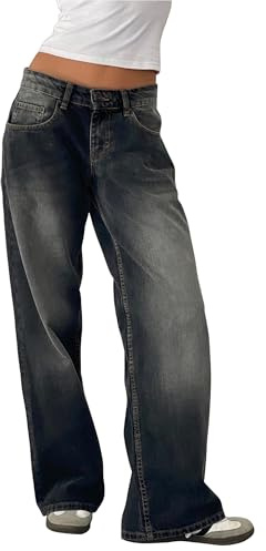 Fiacafyo Womens Y2K Low Rise Baggy Jeans Straight Wide Leg Boyfriend Trousers Casual Loose Fit Denim Pants Streetwear (D-Gray, XS)