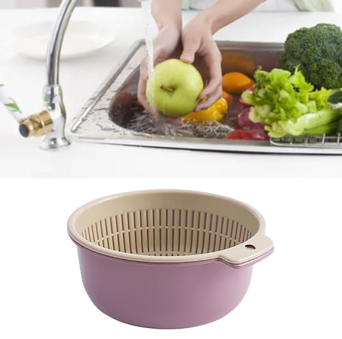 Cesta Coladora de Plástico de Doble Capa para Frutas y Verduras - Cesta de Drenaje Redonda Colorida para Cocina - Lavadora de Ensalada Espesa - Púrpura Nórdico, Azul, Verde -