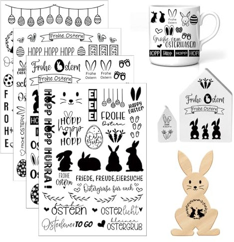 4 Stück A5 Rub On Sticker Ostern, Rub On Folie, 21x14cm Folie Transferaufkleber, Ostern Transferaufkleber, Ostern Sticker Ostereier Osterhasen Rub Ons Sprüche für Glas Holz Möbel Scrapbooking