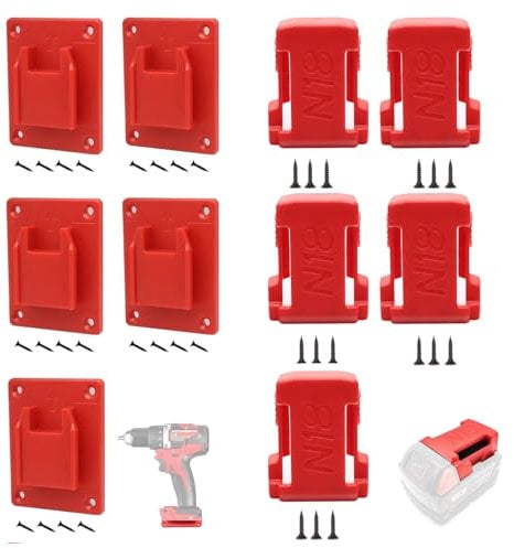 Compatible with M18 5pcs Tool Holders 5pcs Battery Holders Mount Compatible with Milwaukee 18V Battery Drill Tool Red (with screws) (10pack)