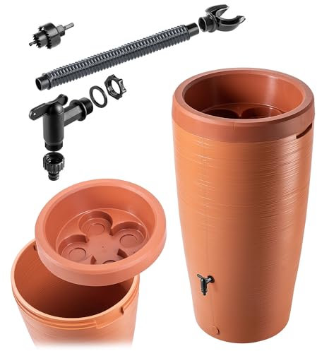 KADAX Regentonne mit im Deckel integrierter Pflanzschale 240 L, Regenfass aus Kunststoff, Regenwasserbehälter mit Wasserhahn, Frostsicher Regentank (Terrakotta)
