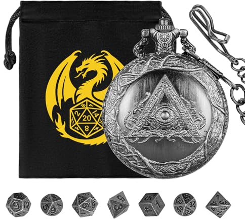 Mini DND Würfel Set, mit Steampunk Dreieckiges Auge Taschenuhr Schale Hülle, 7-teilige Polyedrische Metall D&D Würfel, DND Geschenktüte mit Drachen Logo, Rollenspiel Brettspiel-Zubehör, Dunkel Silber