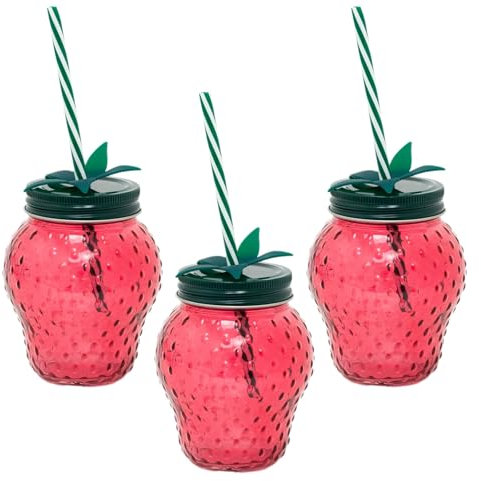 Pack of 3 Strawberry Glass Drinking Jars with Lid & Straw | Fun Summer Red Strawberry Mason Jars | Novelty Glasses for Picnics, Parties & Outdoor Cocktails - 450ml