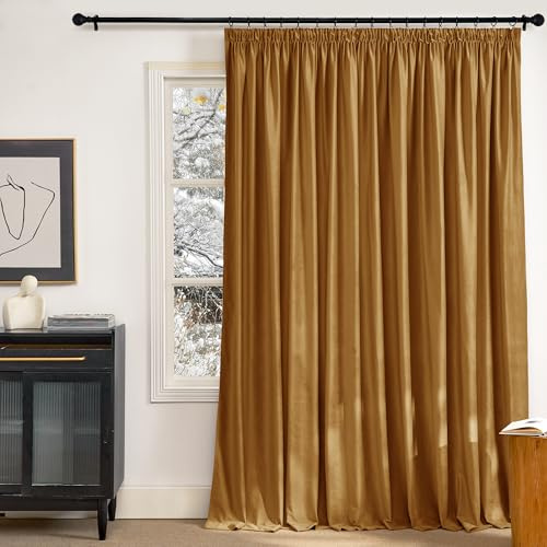 PONY DANCE Samtvorhang Kräuselband Wohnzimmer Gardinen Herbst Deko | 1er Set H240 x B300 cm, Goldbraun, 300g/m², Extra Breite Gardine Verdunkelnd, Schwerer Vorhang Kälteschutz, für Schienen