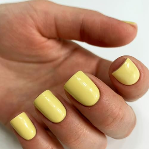 24Pcs Short False Nails - Yellow Stick on Nails Square - Glossy French Press on Nails Short Square with Glue - Acrylic Full Cover Summer Fake nails Women Girls Nail Art Accessories
