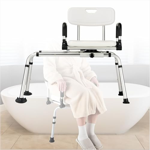 Chaise de douche coulissante avec siège pivotant – Banc de transfert de baignoire pour personnes âgées, handicapées et handicapées, siège rotatif à 360°, hauteur réglable de 35,6 à 48,3 cm, capacité