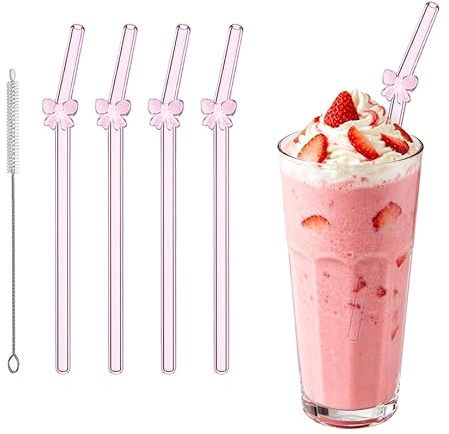 MSLSOZ 4Pcs Pink Drinking Glass Straws, Reusable Bent Straws with Cleaning Brush, Cute Glass Straw with Bows for Smoothie Milk, Coffee, Cocktail, Water, Milkshake