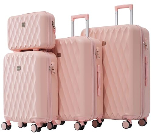 BTM Koffer-Set, S-M-L-XL, Gepäck mit Kosmetiktasche, Hartschalen-Koffer, Rollkoffer, Reisekoffer, Handgepäck 4 Rollen, ABS-Material, TSA Zollschloss, Rosa